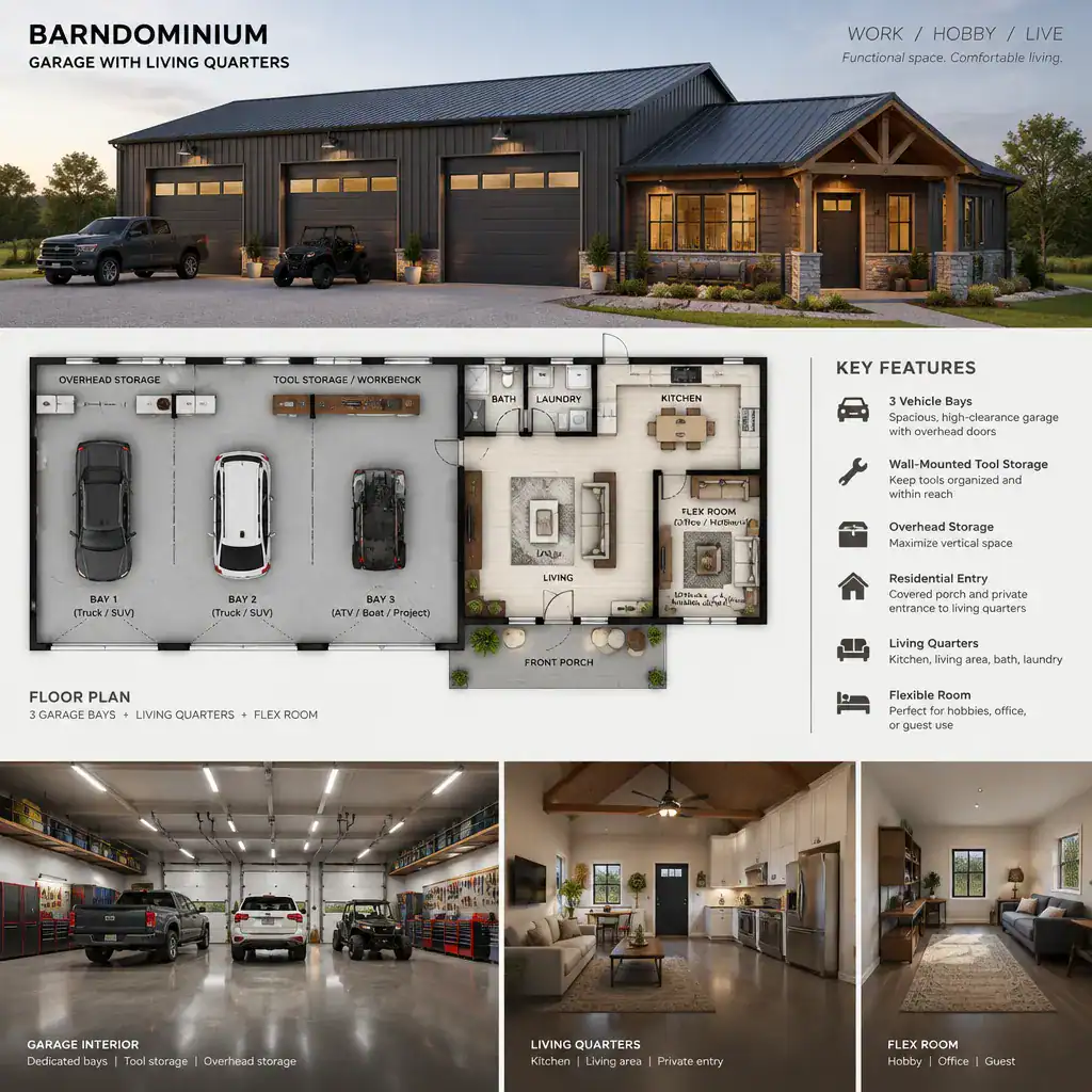 organized barndominium garage storage with living quarters entry