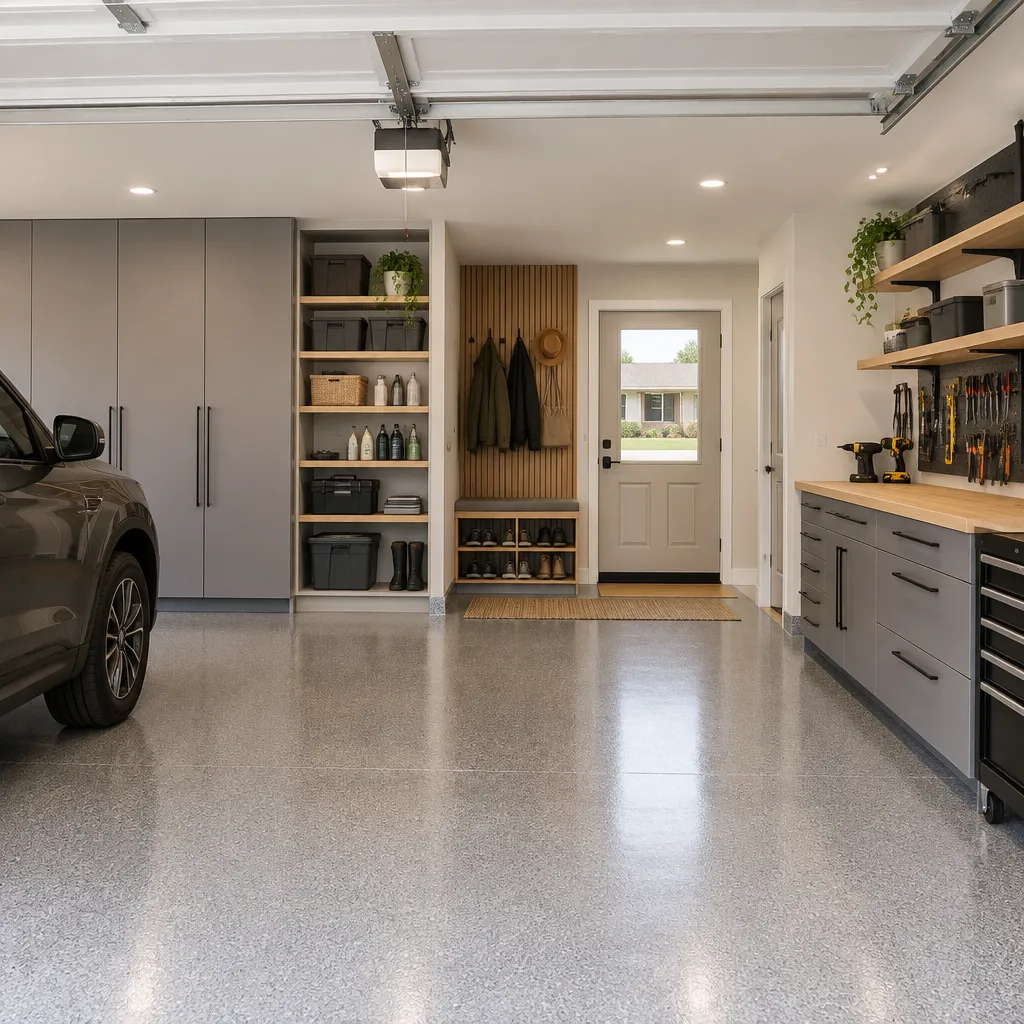 organized contemporary ranch house garage interior