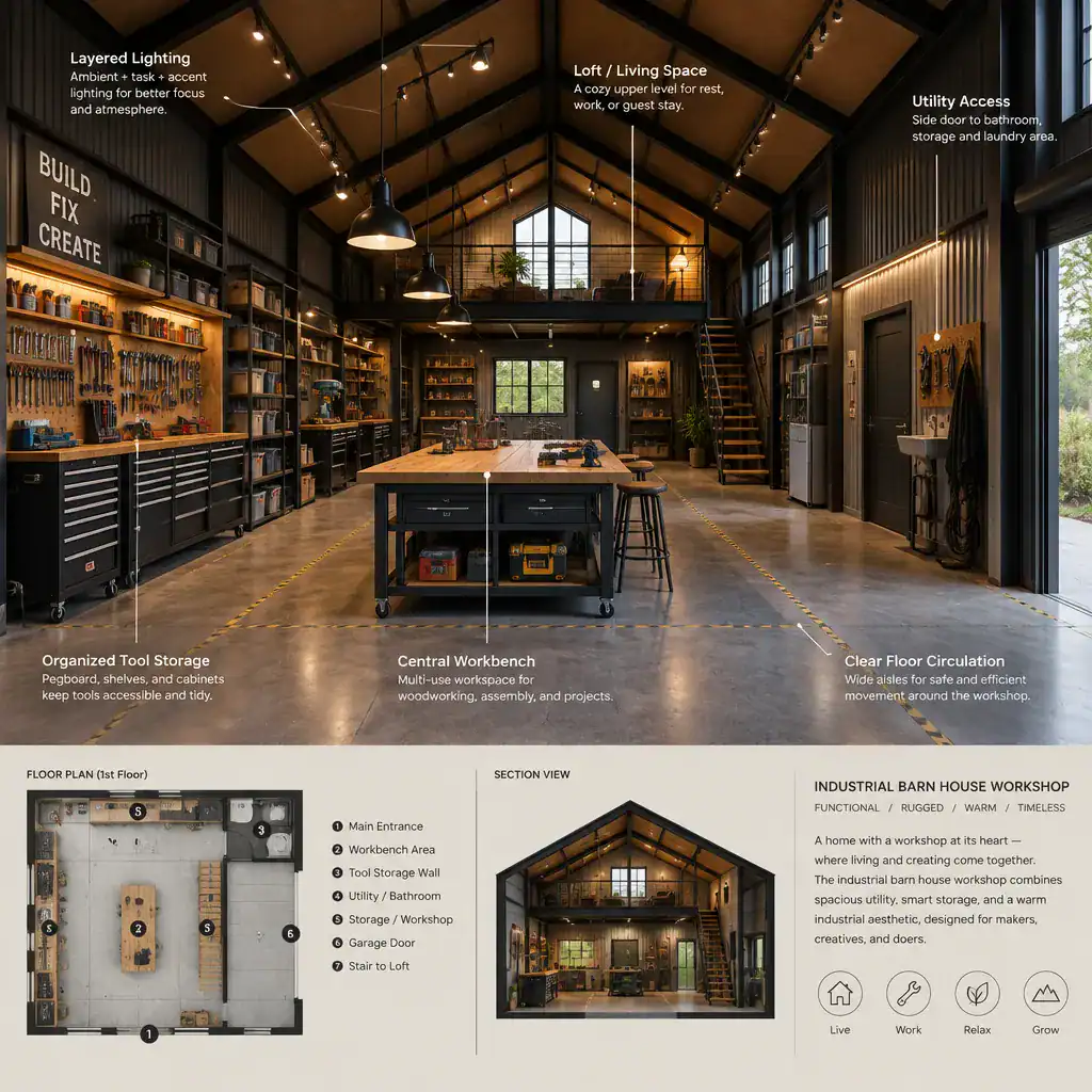 organized industrial barn house workshop interior