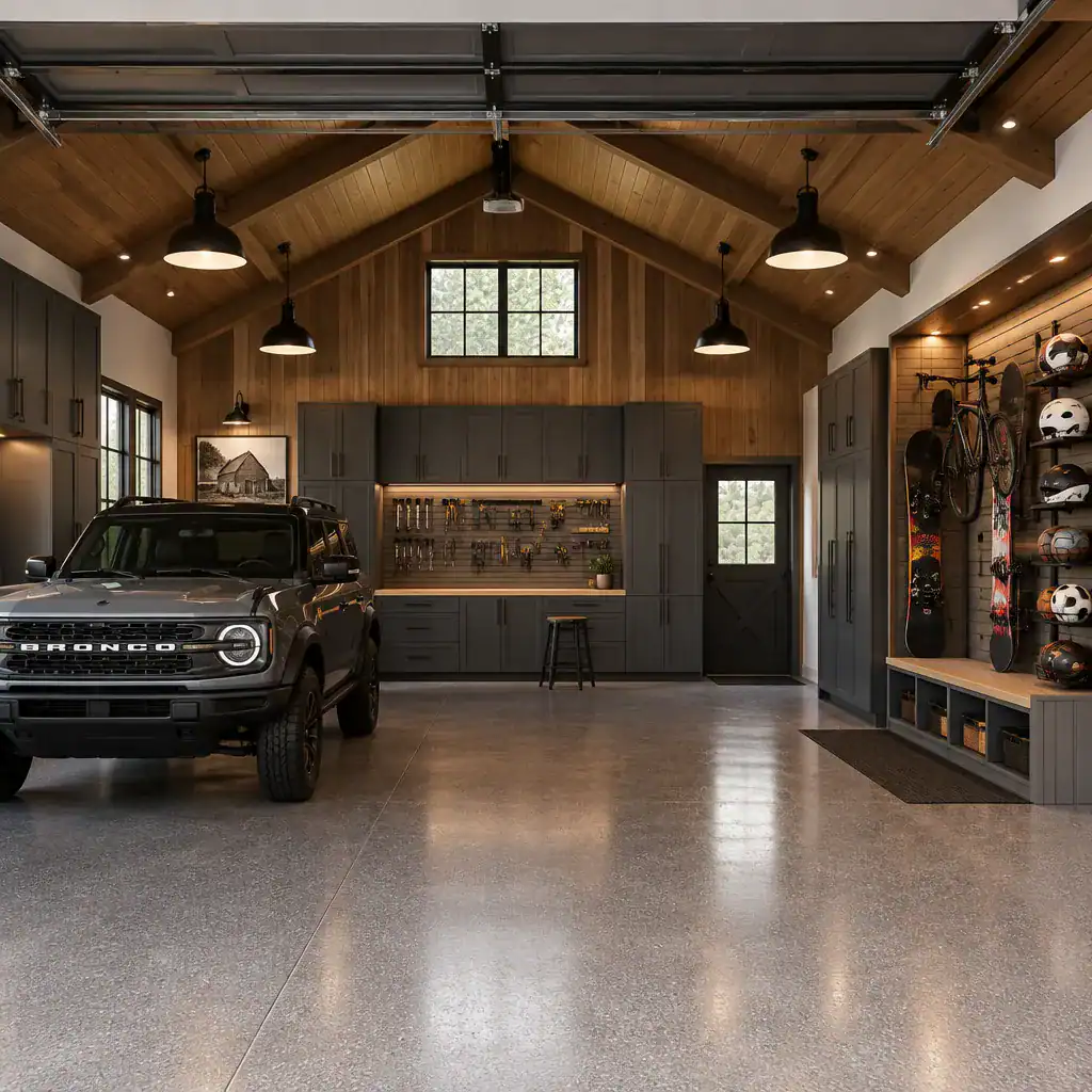 organized transitional barn house garage interior with storage