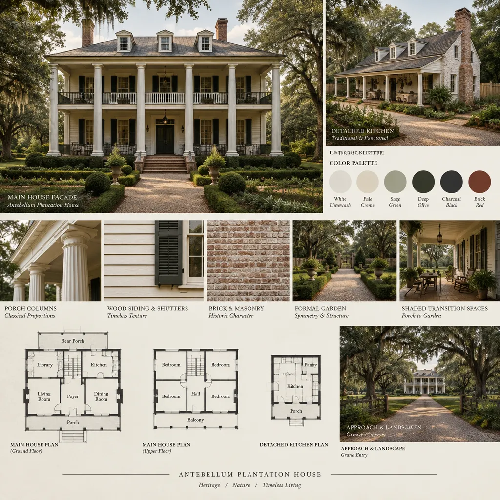 plantation house and detached kitchen material palette
