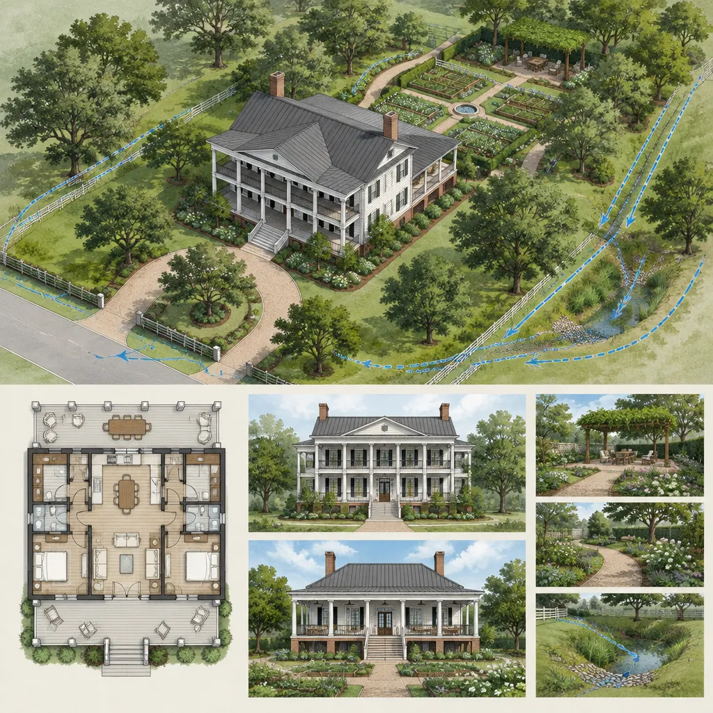 plantation house site plan with rear gallery and landscaped yard