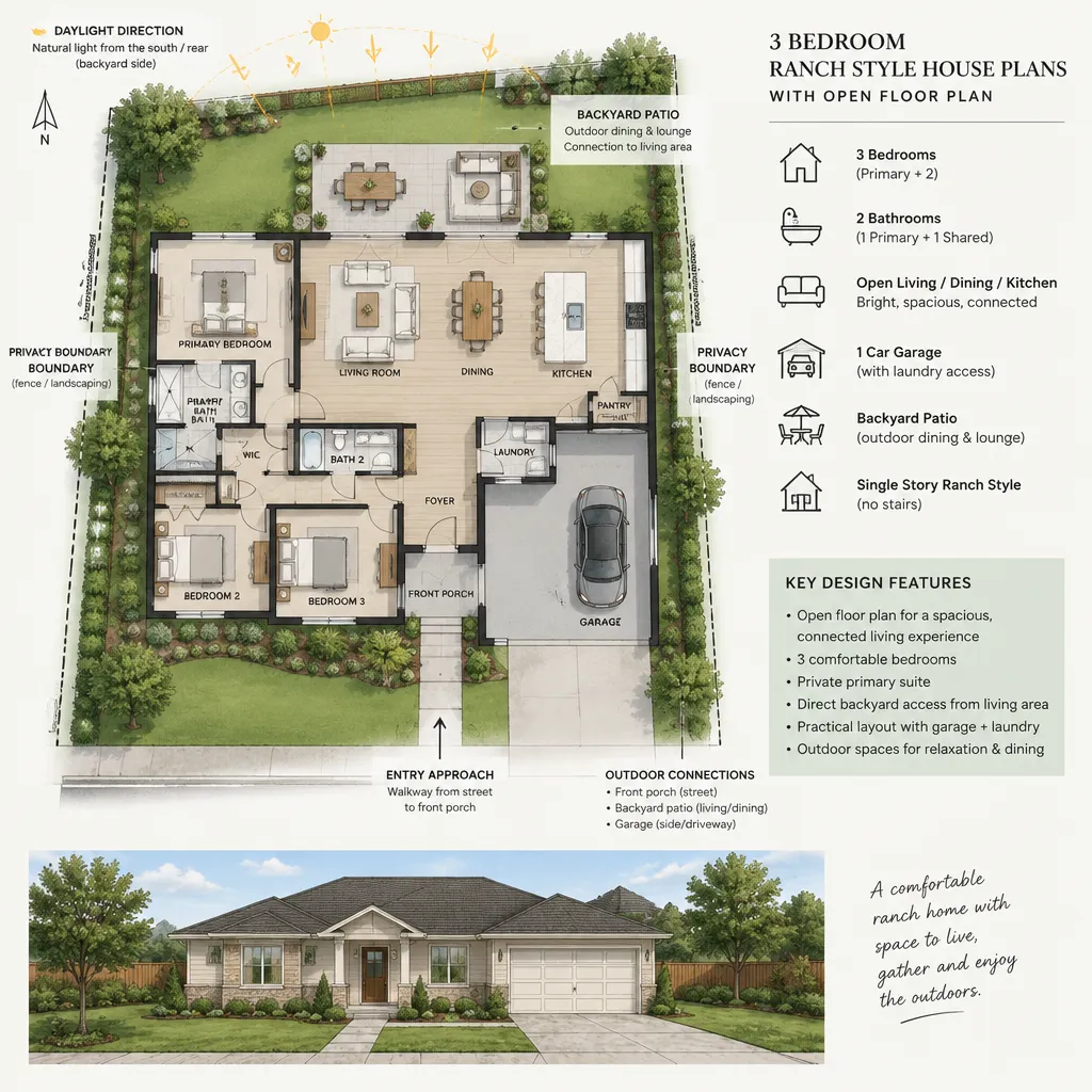 ranch house floor plan with backyard patio and daylight orientation