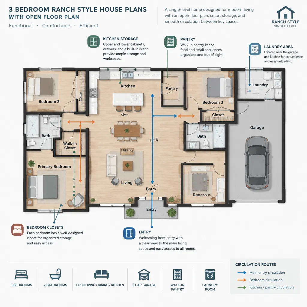 ranch house plan storage entry and laundry layout