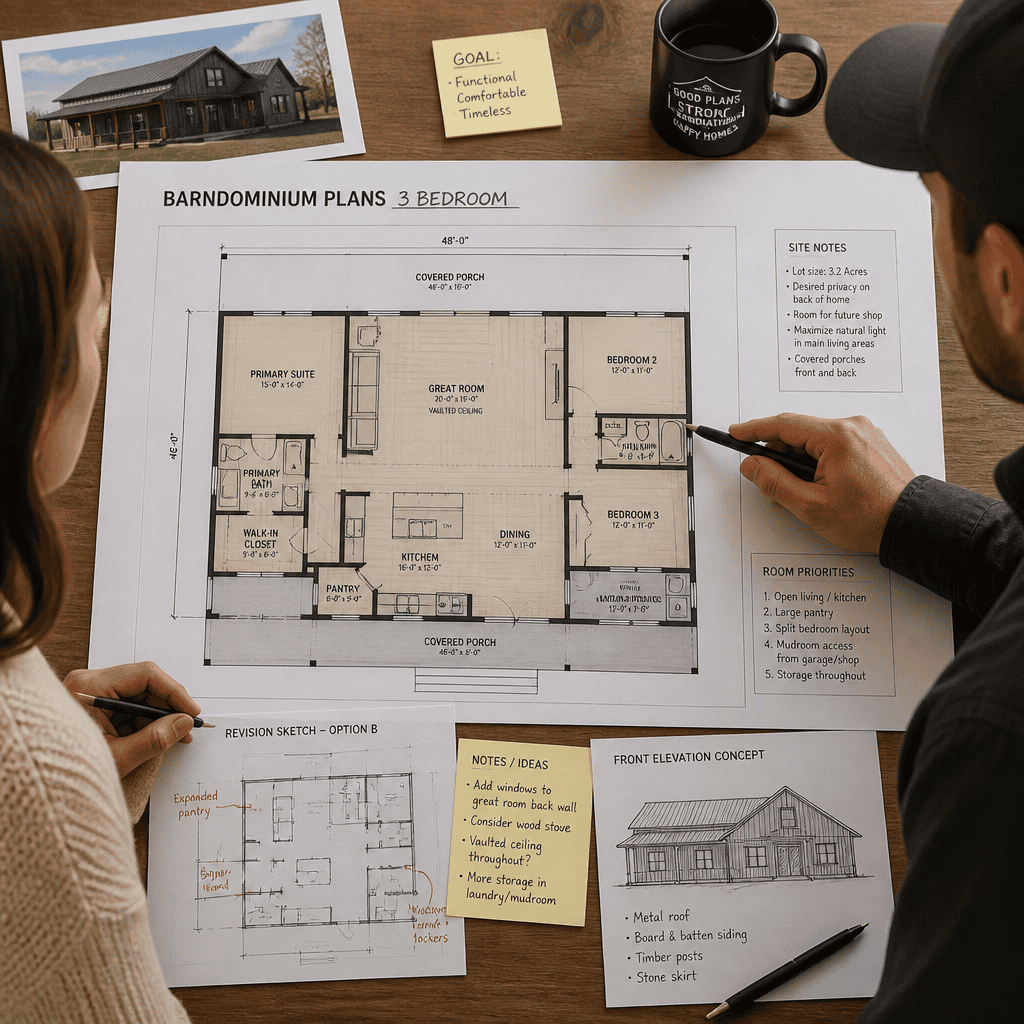 reviewing a three bedroom barndominium floor plan
