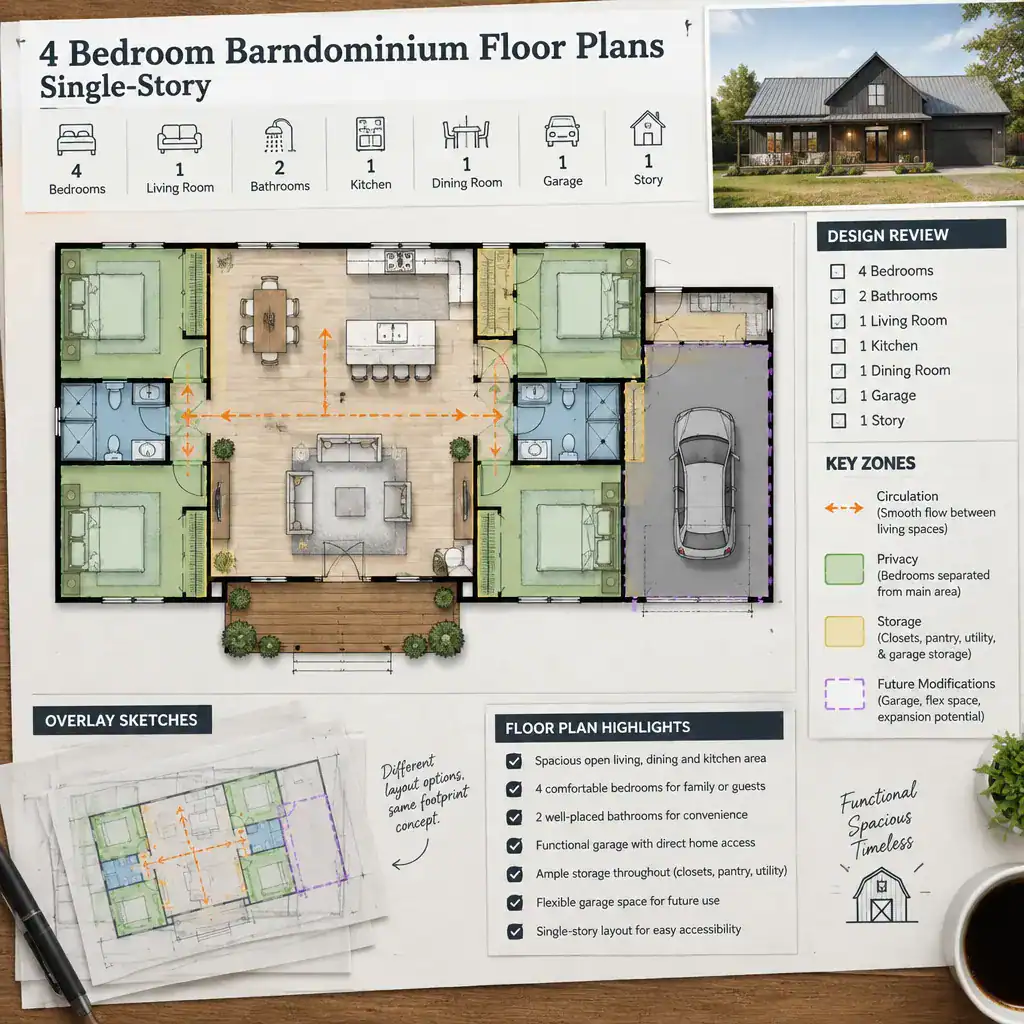 reviewing and customizing a single-story four-bedroom barndominium floor plan