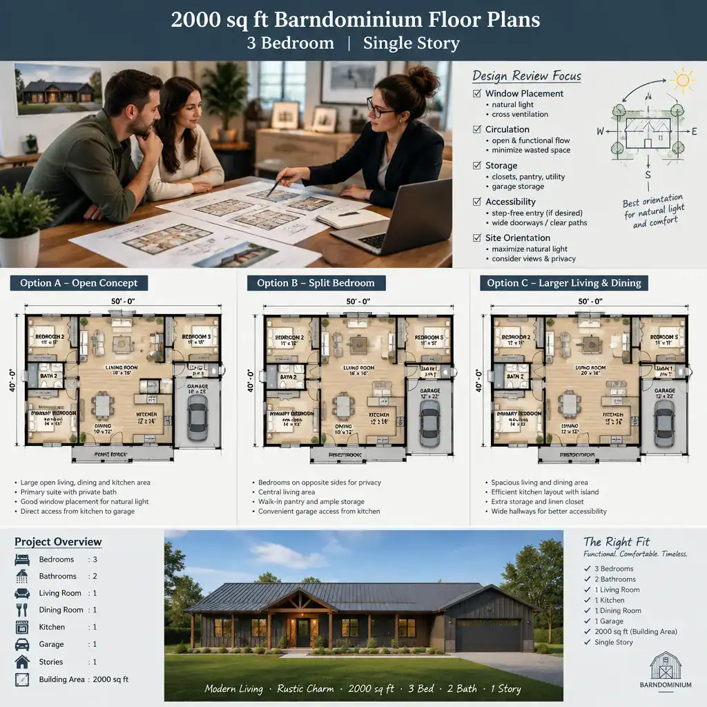 reviewing single-story barndominium floor plan customization options