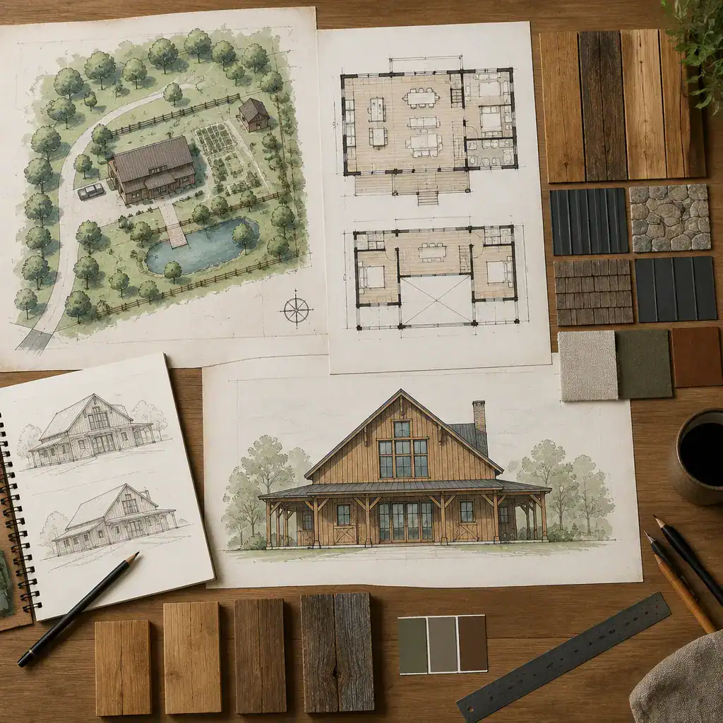 rustic timber barn house design planning documents and material samples