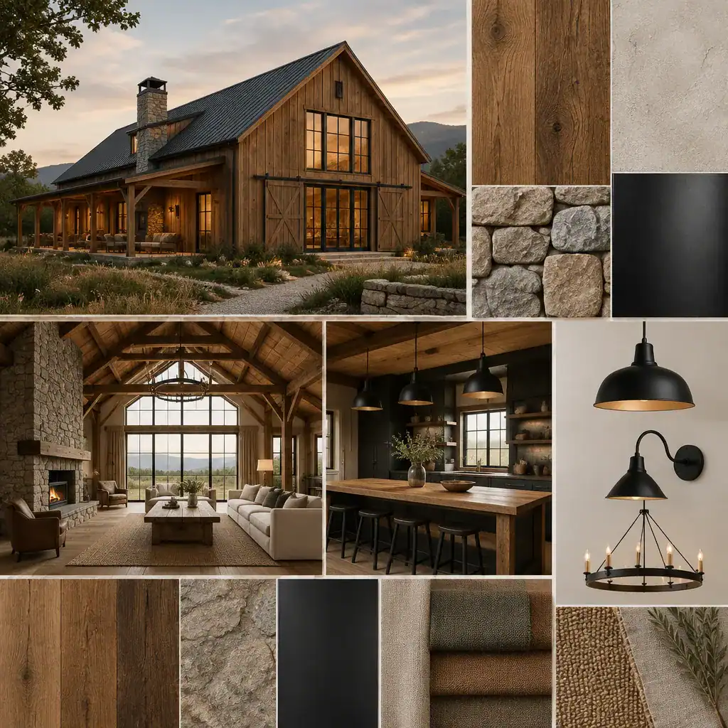 rustic timber barn house material palette with wood and stone