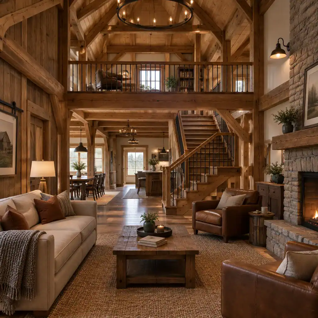 rustic two-story barn house interior with staircase and connected living spaces