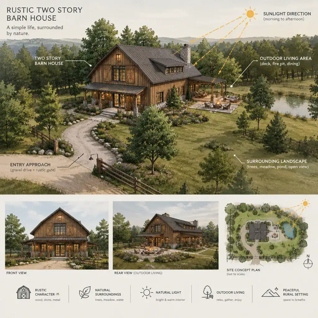 rustic two-story barn house site layout with entry approach and landscaped outdoor area
