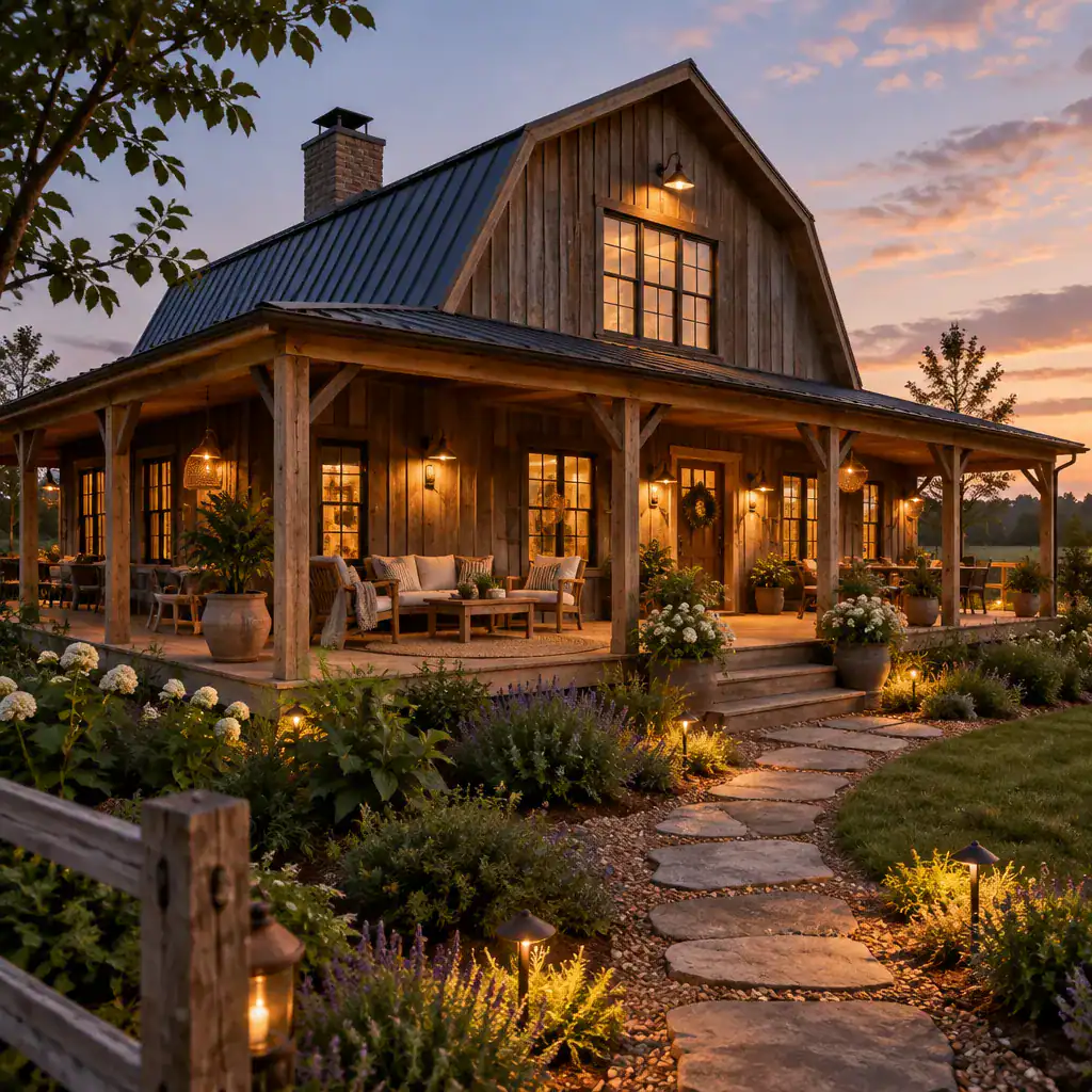 rustic wraparound porch lighting furniture and landscaping