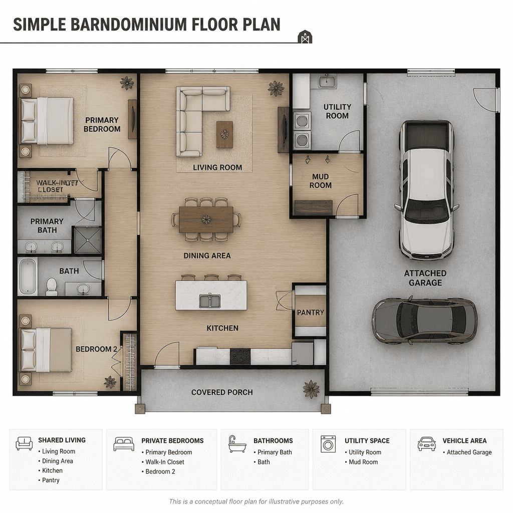 simple barndominium floor plan zoning diagram