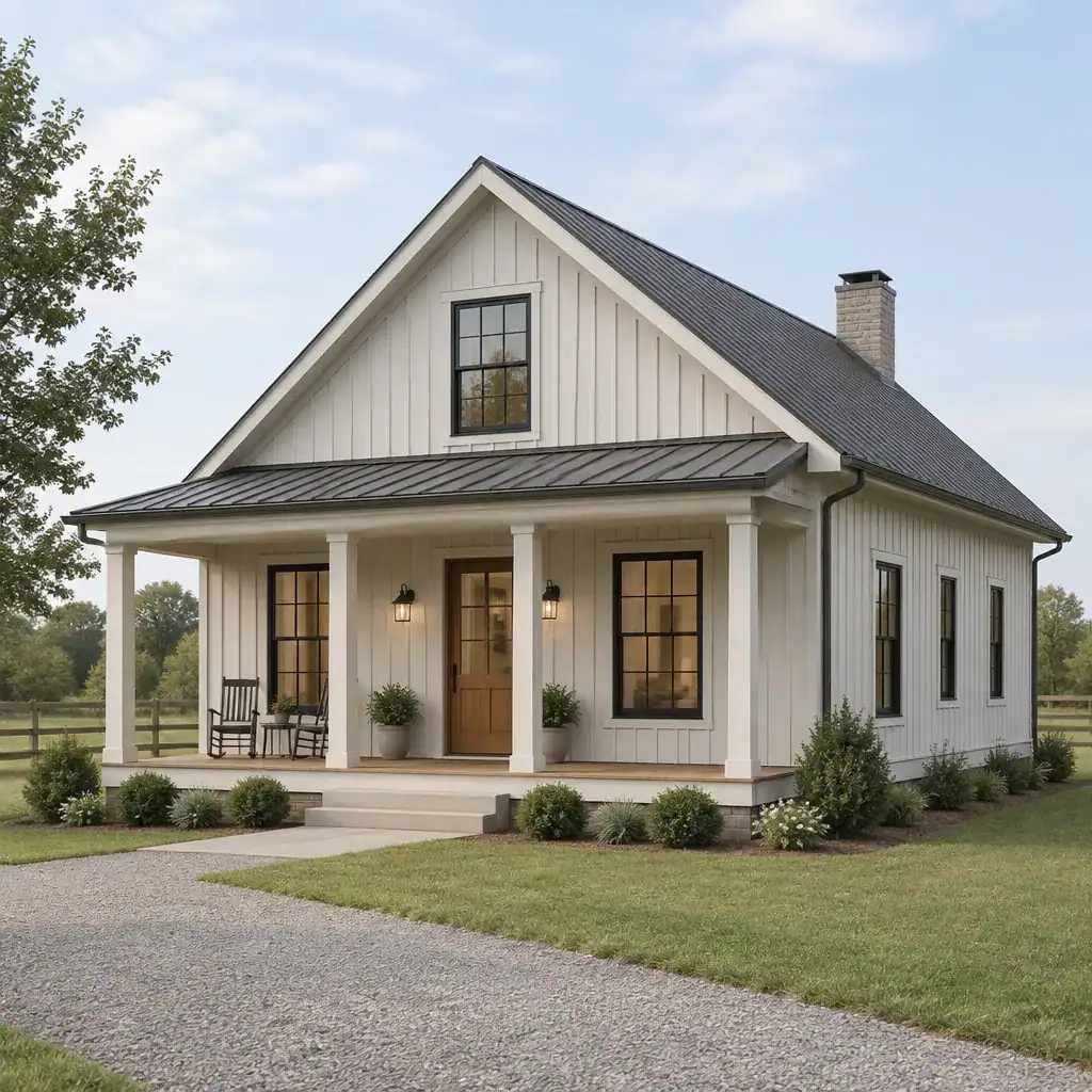 simple farmhouse exterior with covered porch and pitched roof
