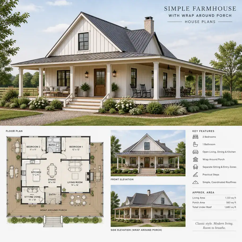 simple farmhouse exterior with wrap around porch features
