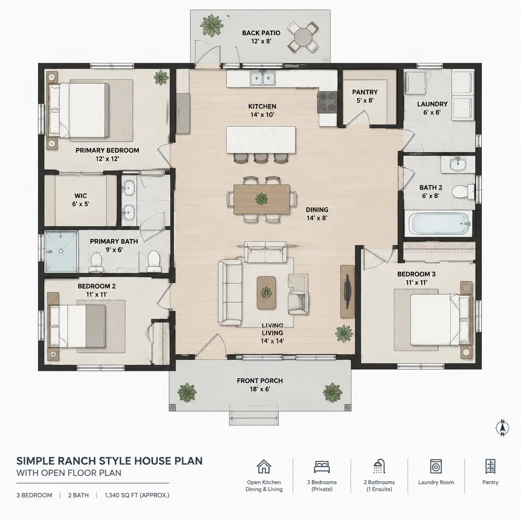 simple ranch house plan with open kitchen dining and living layout