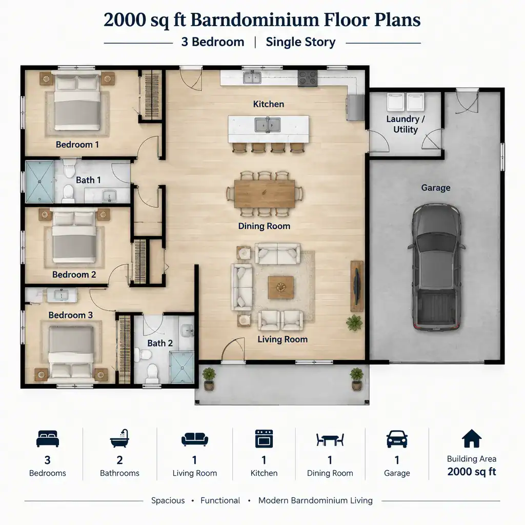 2000 Sq Ft Barndominium Floor Plans With 3 Bedrooms: Single-Story Layout Ideas