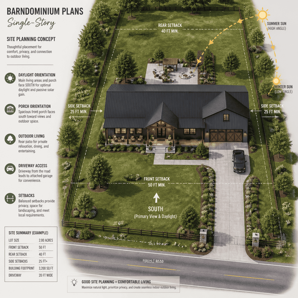 single-story barndominium site orientation and driveway planning