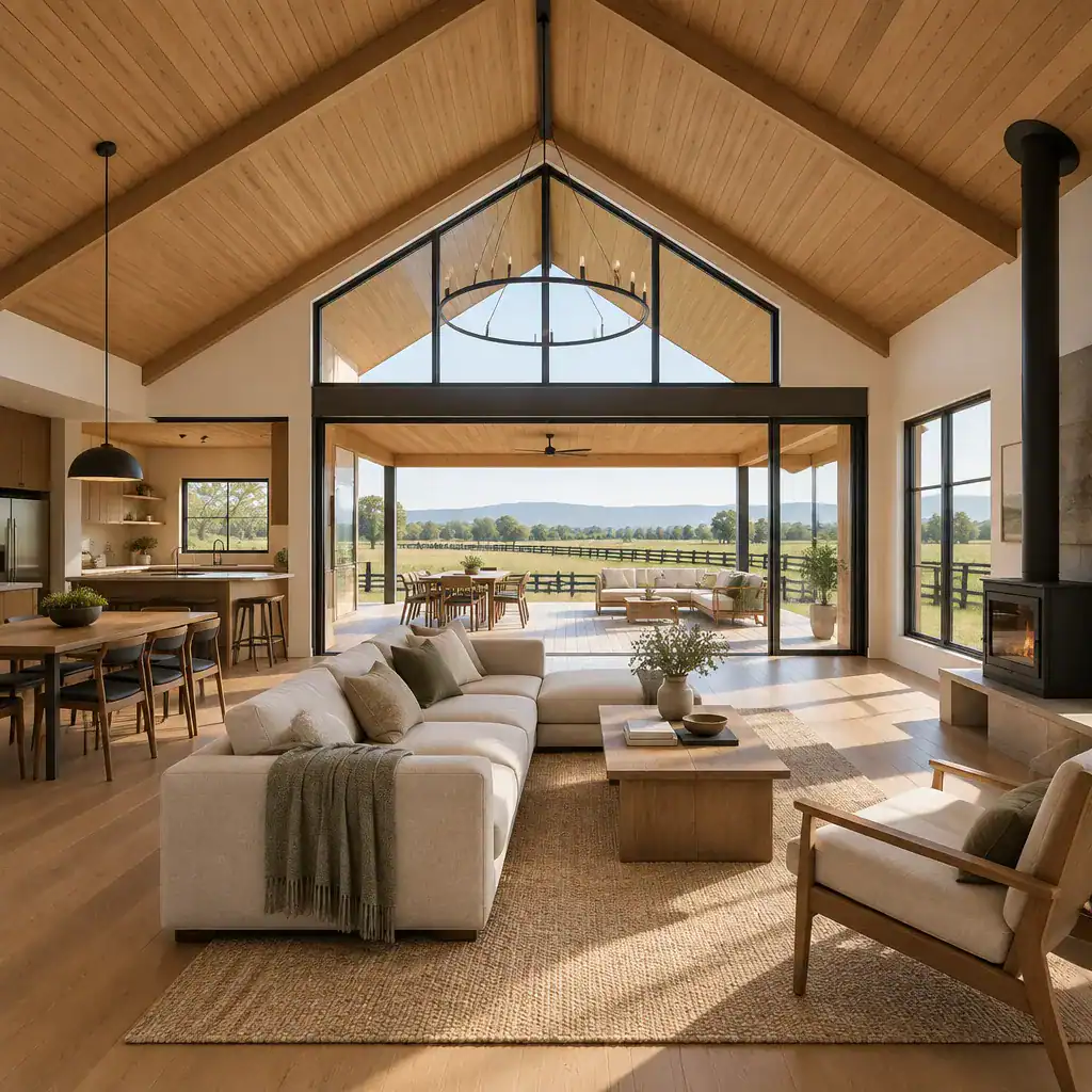 single-story contemporary barn house living room connected to covered outdoor terrace