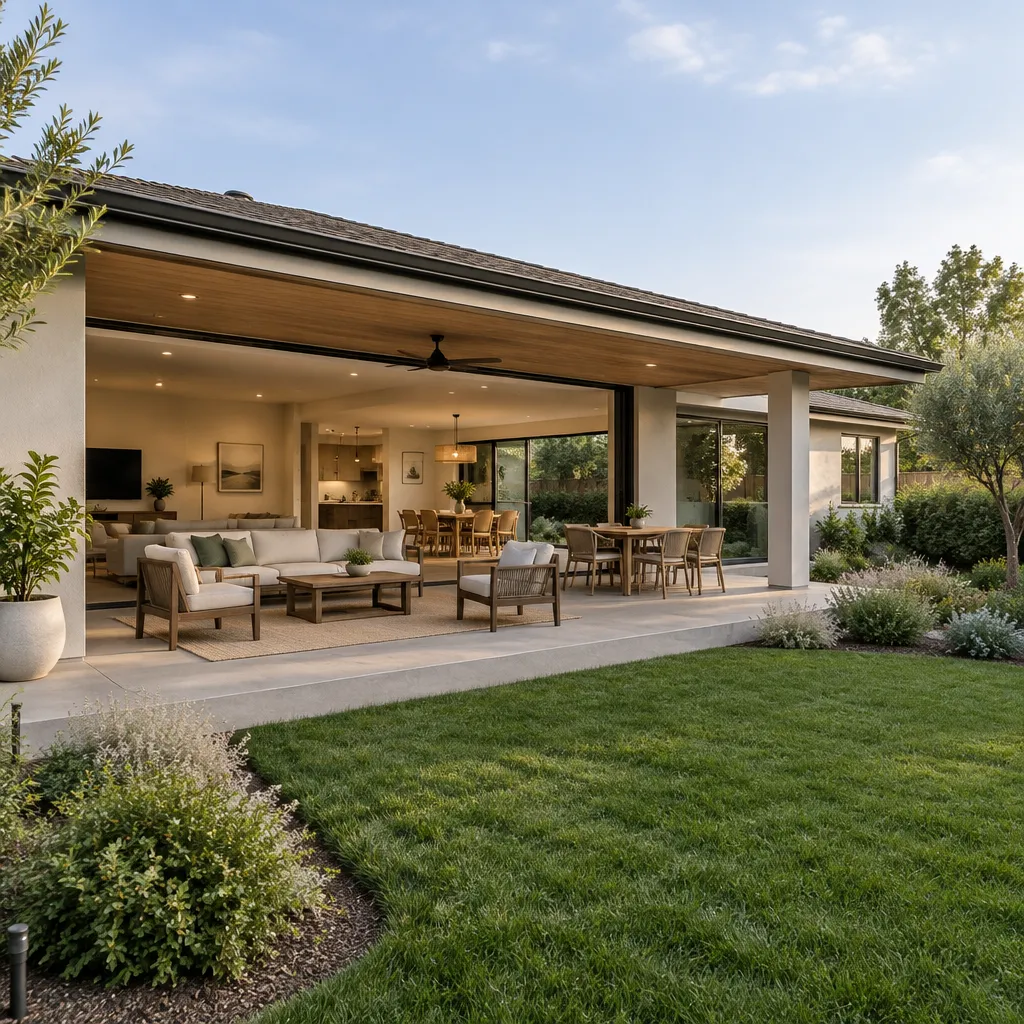 single story contemporary ranch house living area opening to covered patio