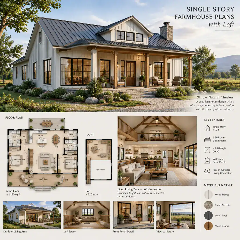 single story farmhouse exterior with loft roof volume