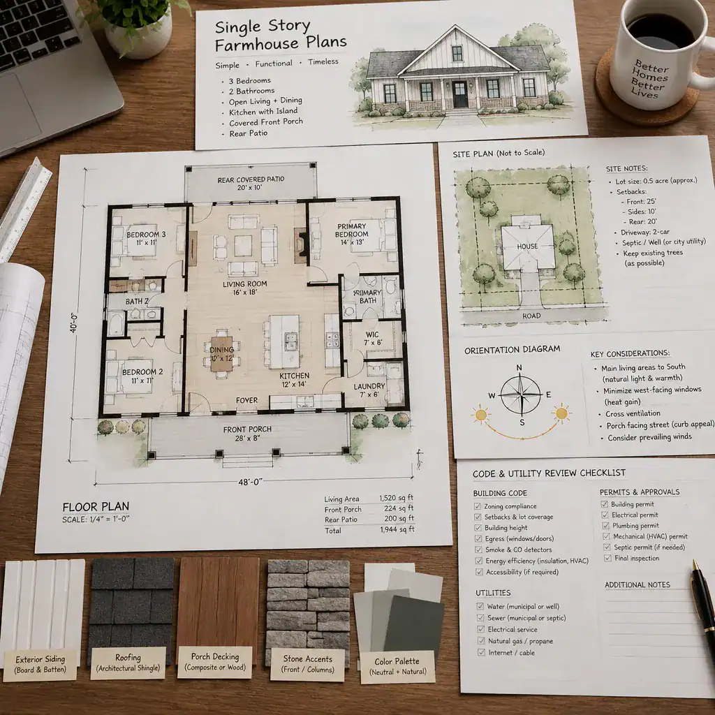 single story farmhouse plan review with site orientation and planning checklist