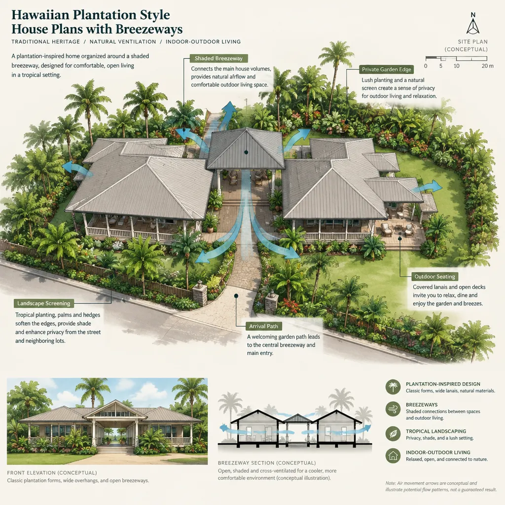 site layout for plantation house with shaded breezeway and garden