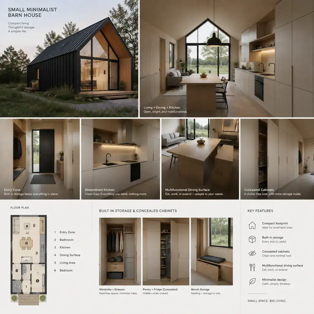 small barn house with integrated minimalist storage solutions