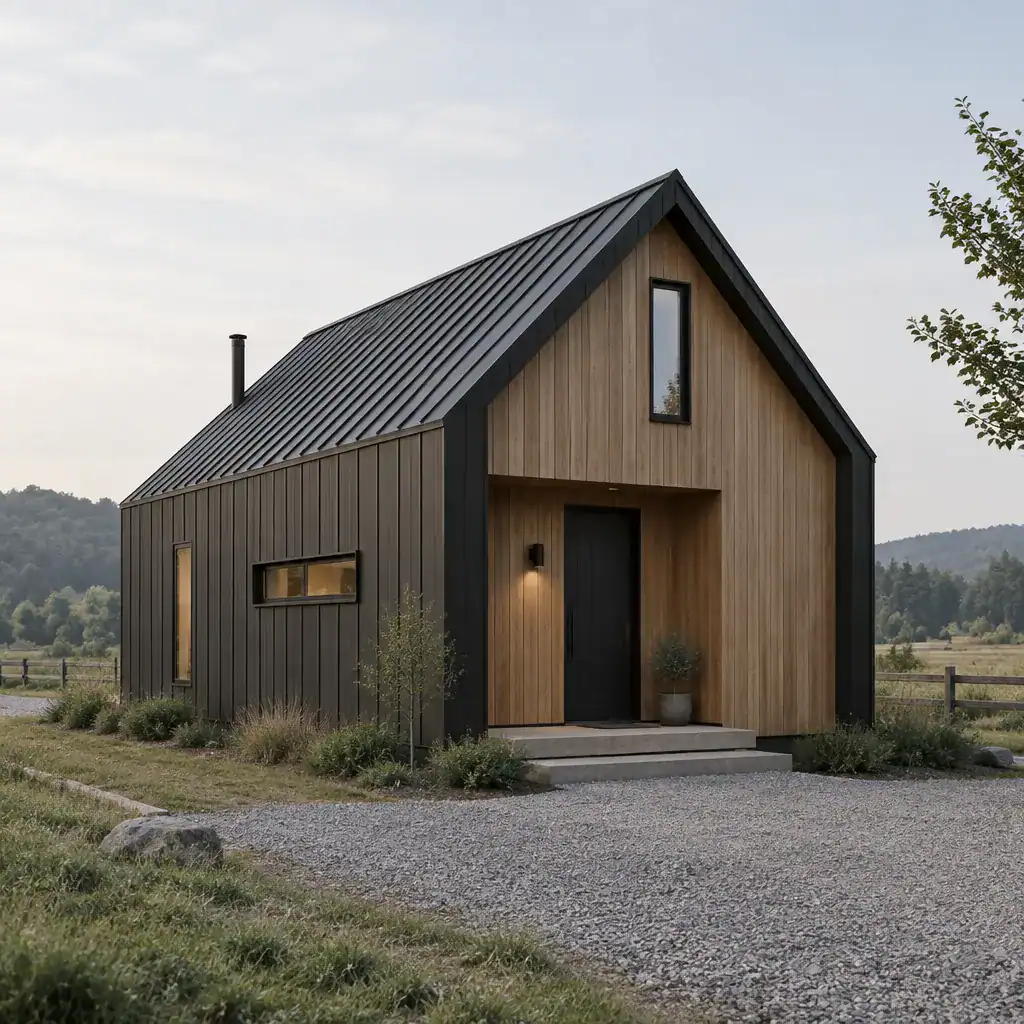 small minimalist barn house exterior with simple gabled roof