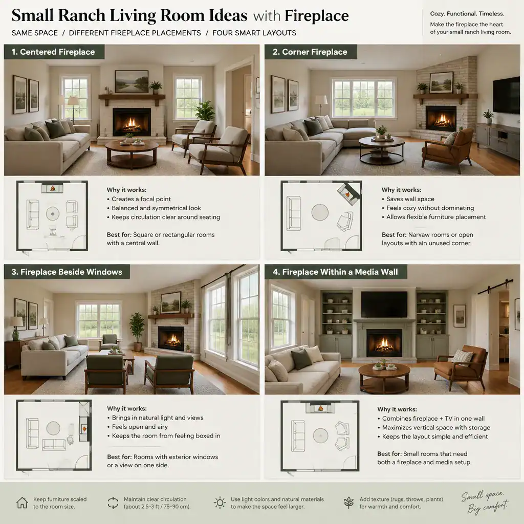 small ranch living room fireplace layout variations