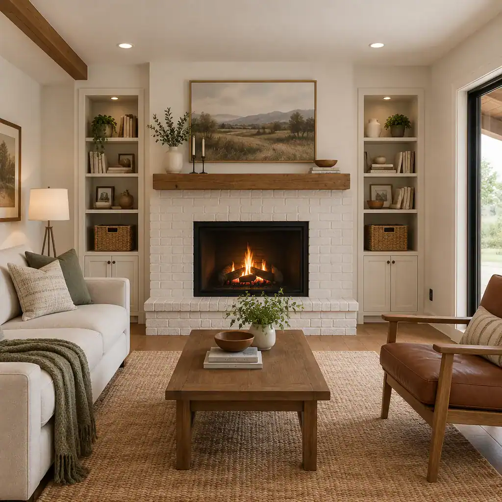 small ranch living room fireplace wall storage decor