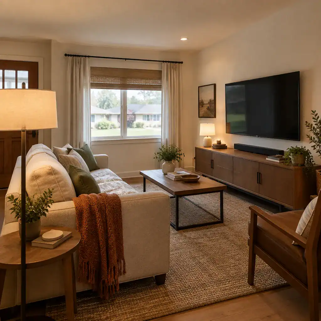 small ranch living room with tv and layered lighting