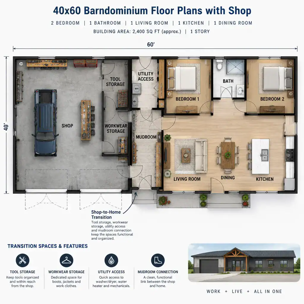 storage and transition zones between a barndominium shop and home