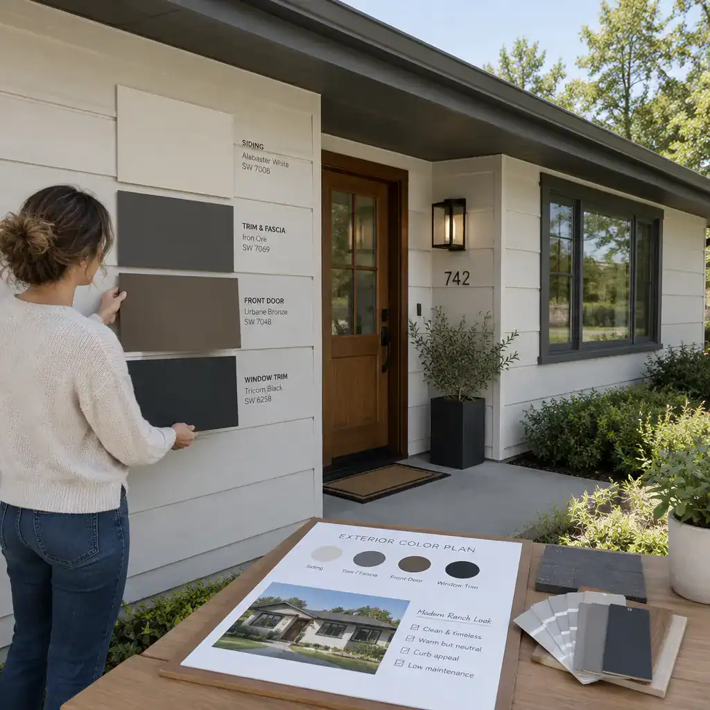 testing modern exterior paint colors on a ranch house facade