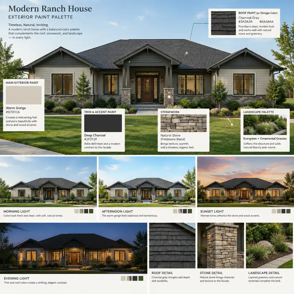 testing modern ranch house exterior paint samples