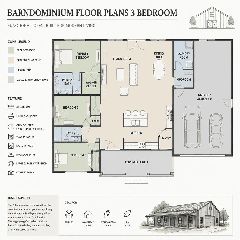 three bedroom barndominium floor plan zoning concept
