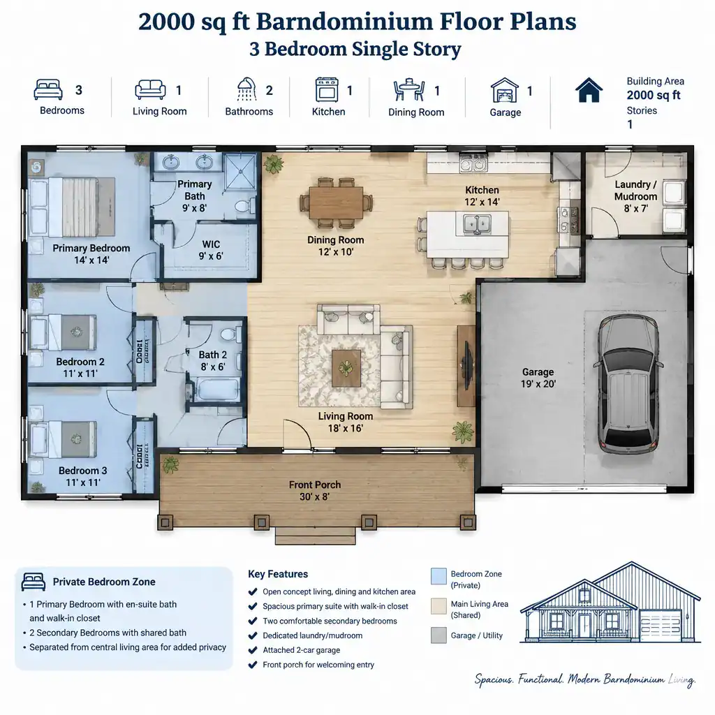 three-bedroom privacy zoning in a single-story barndominium plan