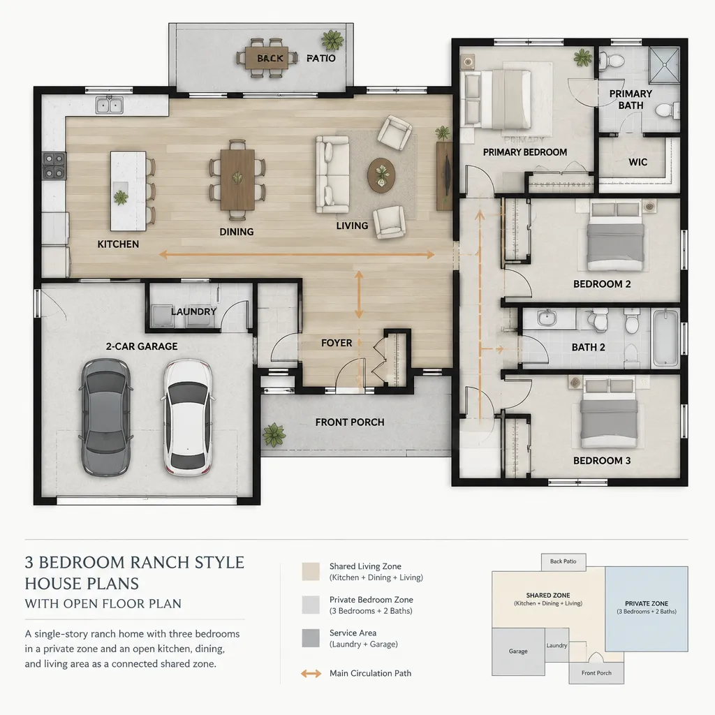three bedroom ranch house open floor plan zoning diagram