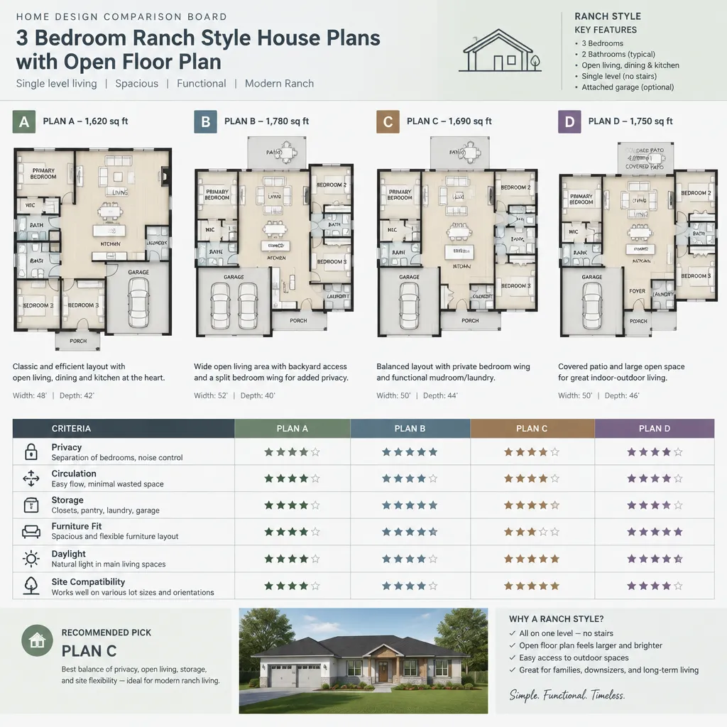 three bedroom ranch house plan comparison checklist
