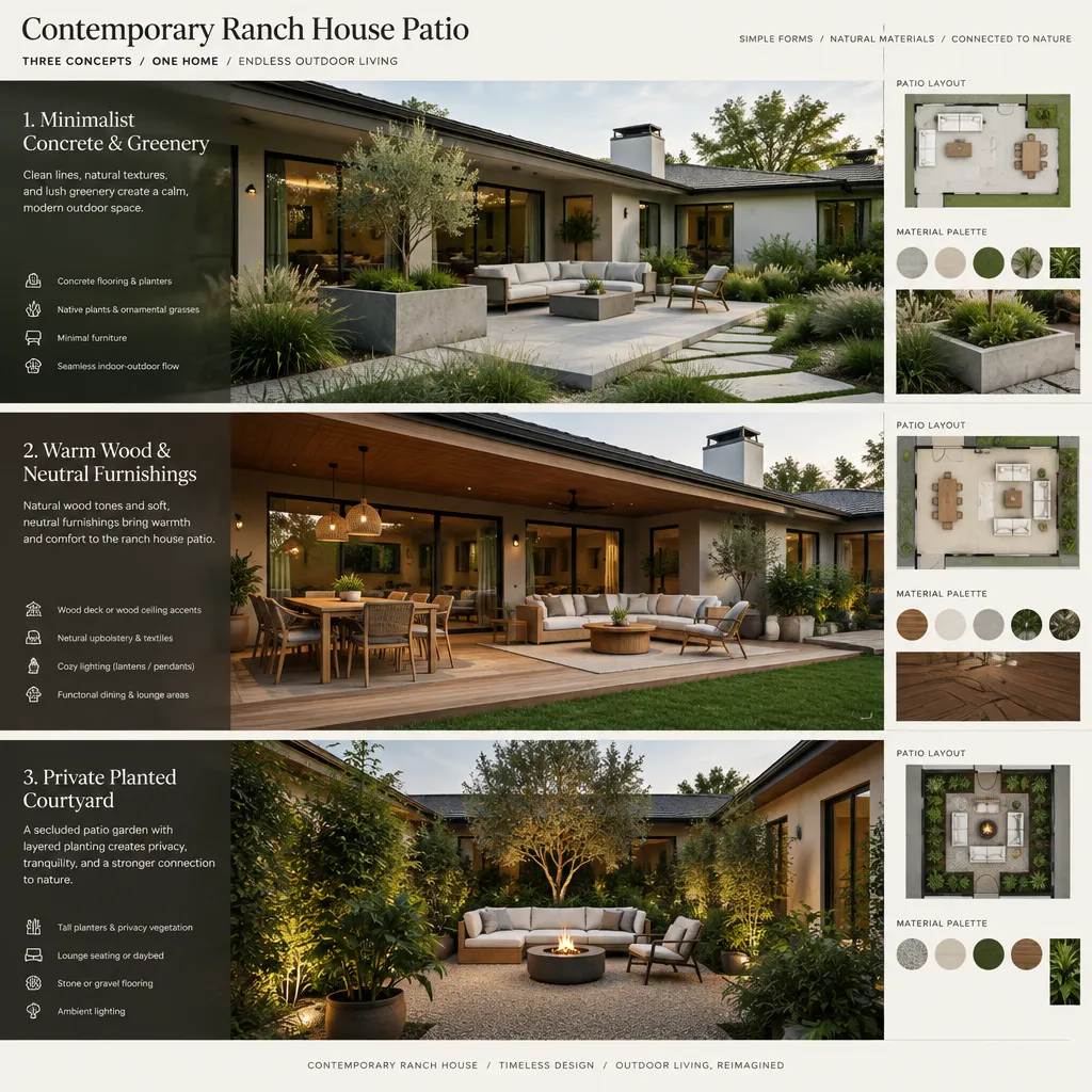 three contemporary ranch house patio design concepts