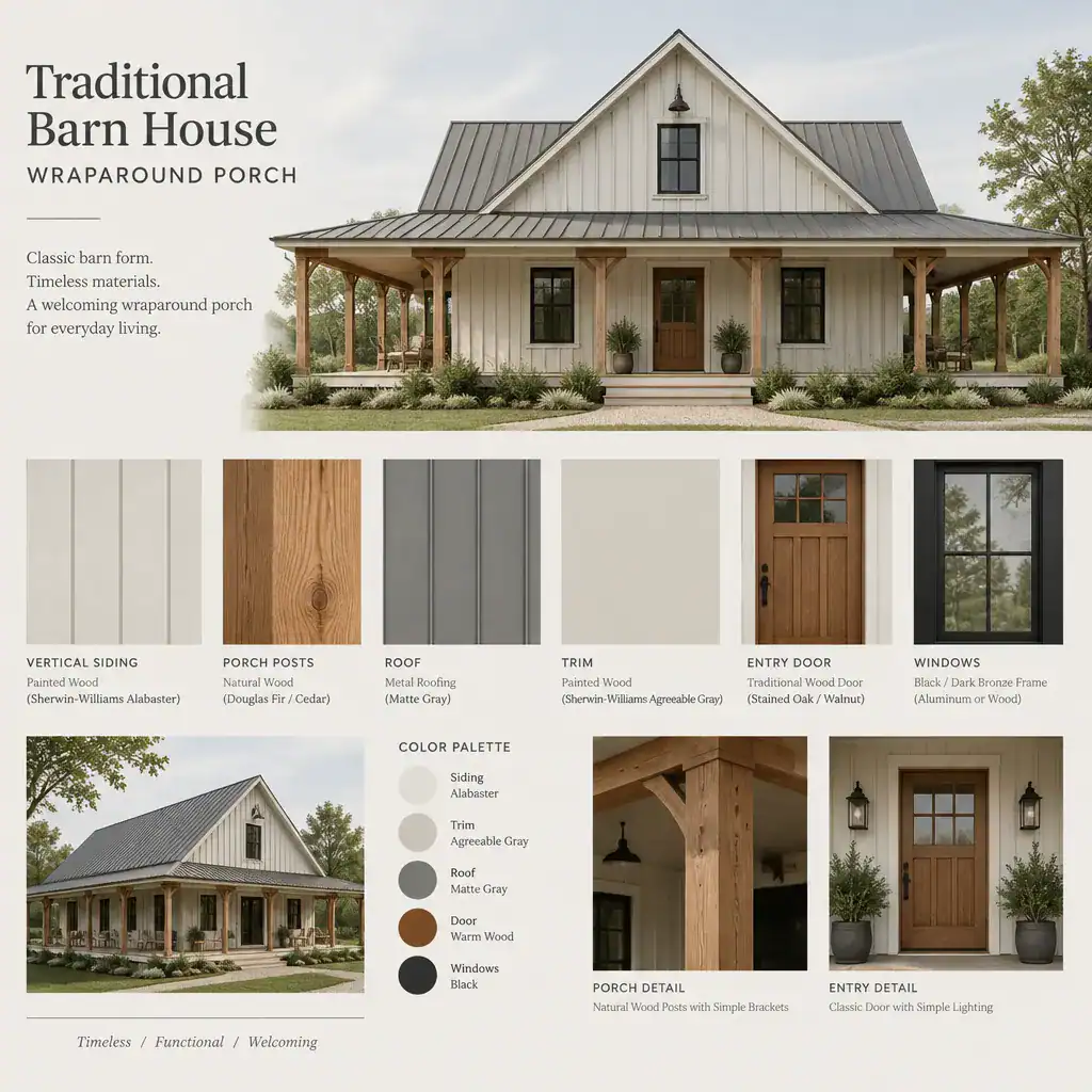 traditional barn house exterior materials and color palette