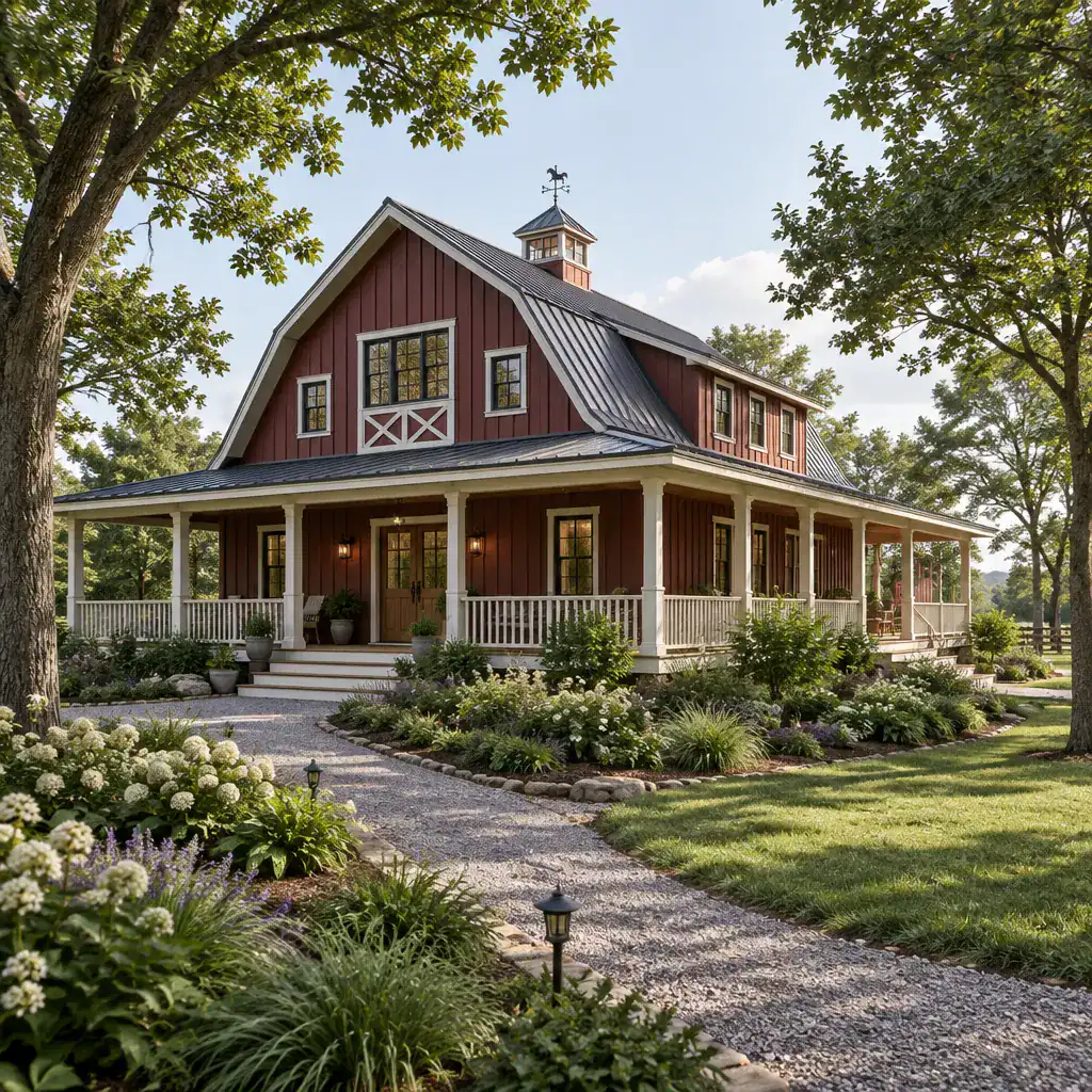 traditional barn house wraparound porch landscape connection