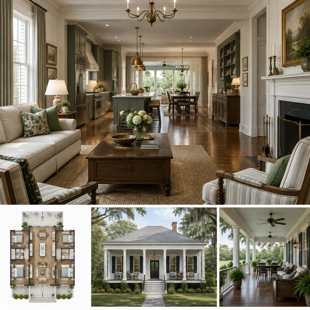 traditional plantation house interior with modern kitchen and rear gallery view