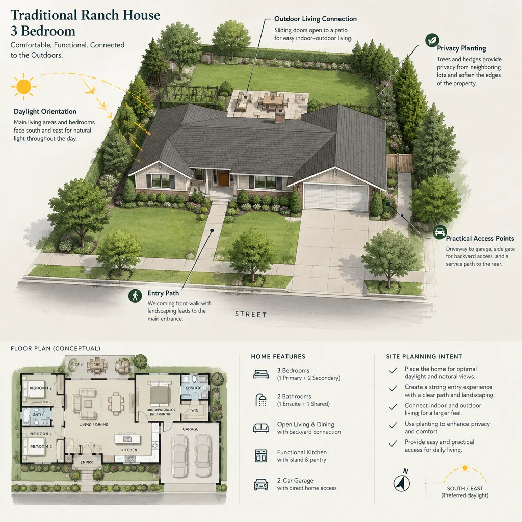 traditional ranch house site planning with daylight privacy and outdoor connection