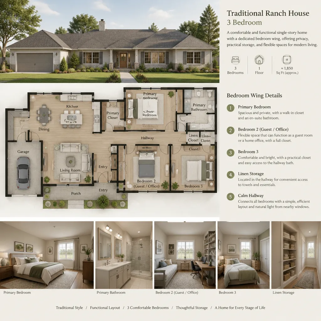 traditional ranch house three bedroom wing with flexible secondary room