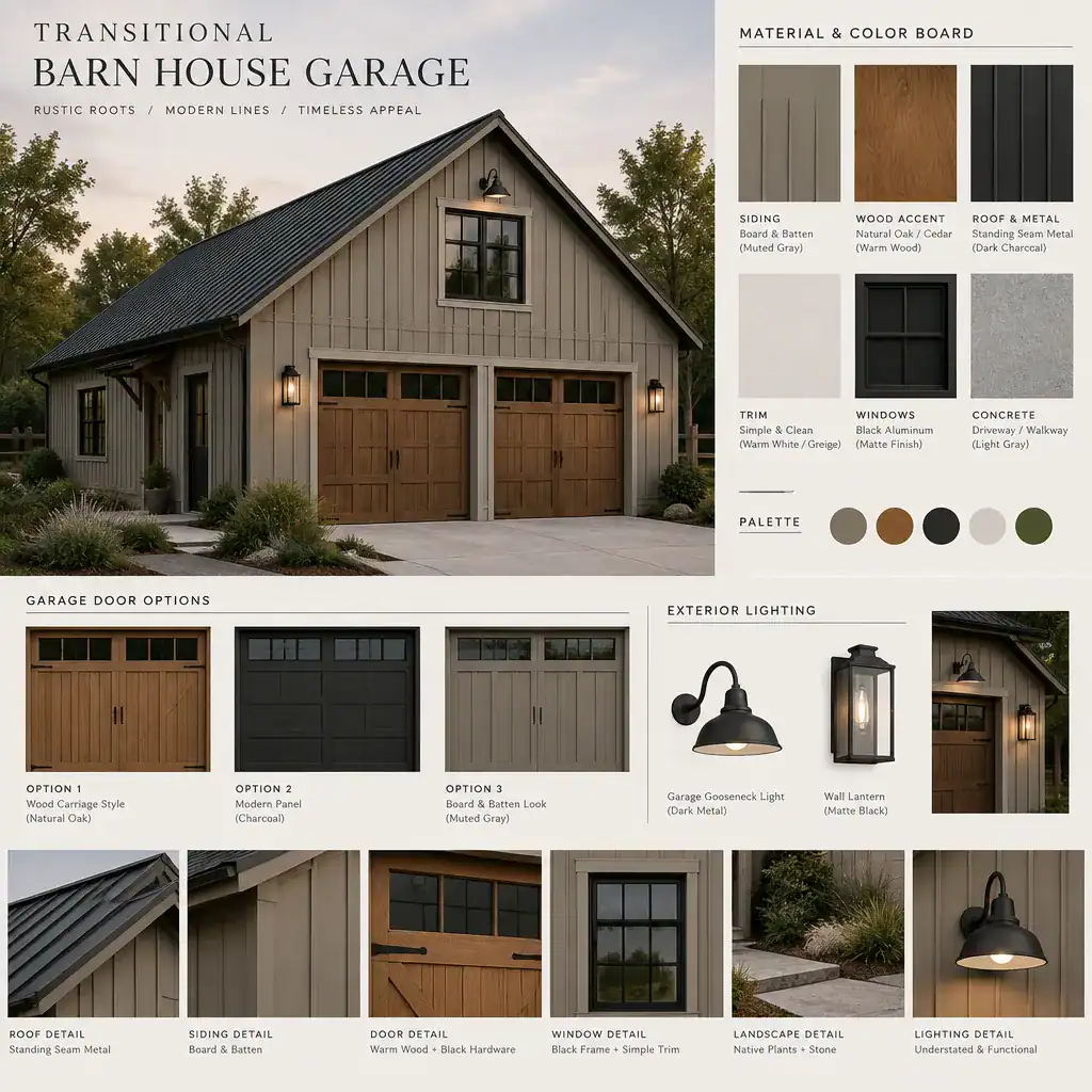 transitional barn house garage material and color palette