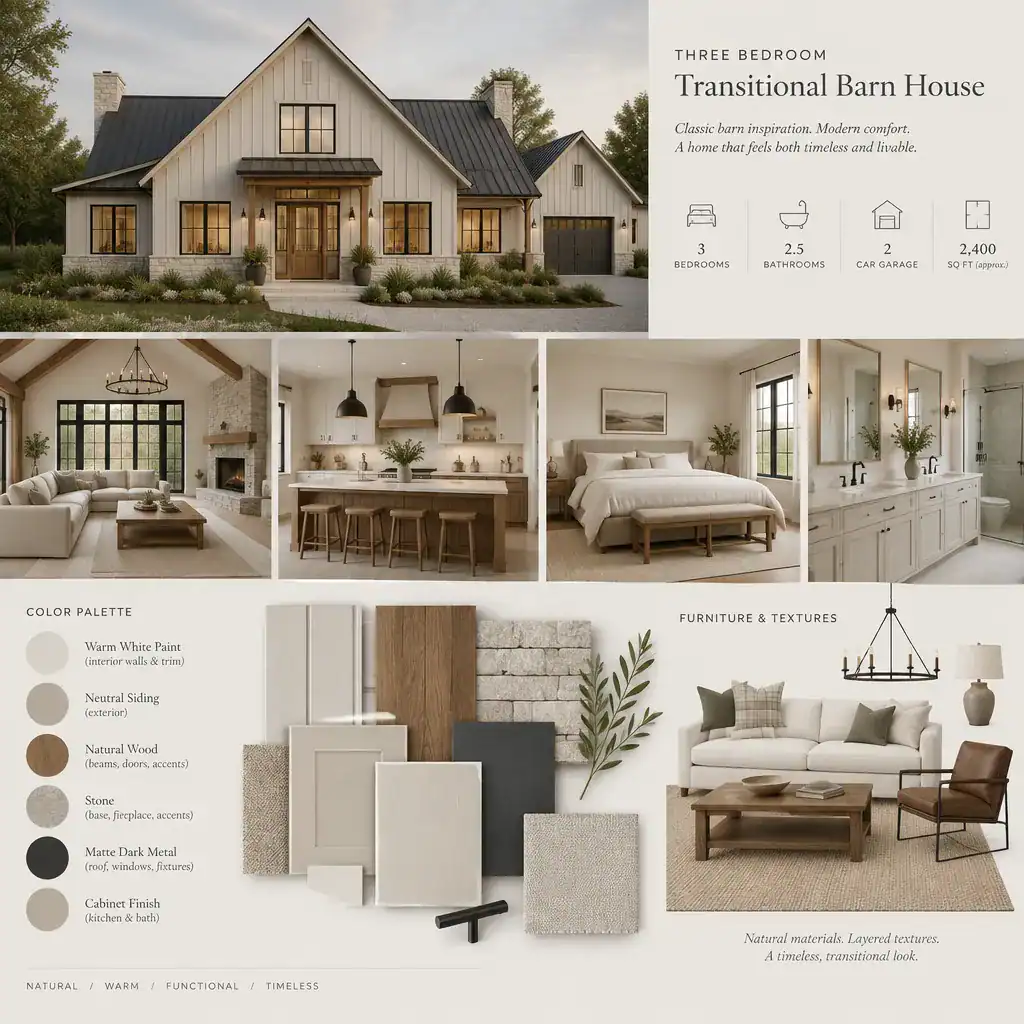 transitional barn house materials and color palette