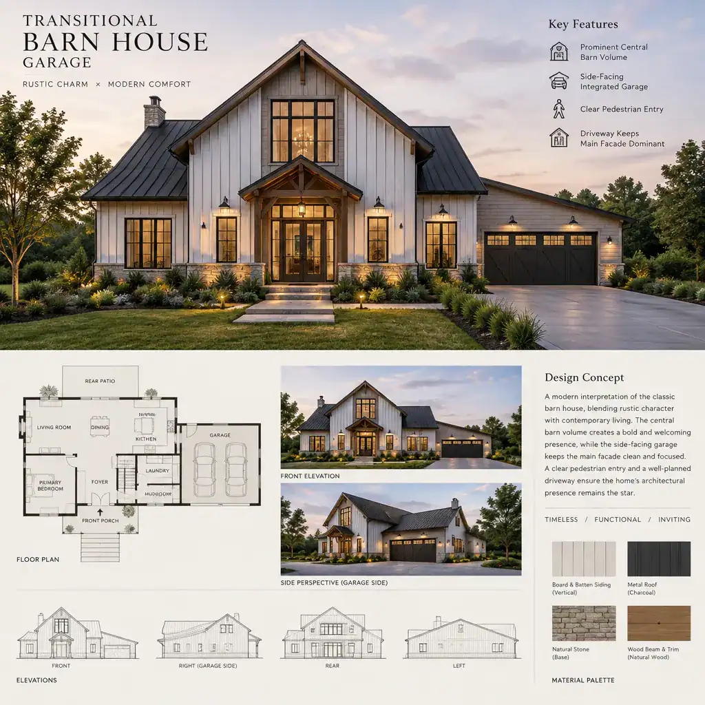 transitional barn house with side-facing integrated garage