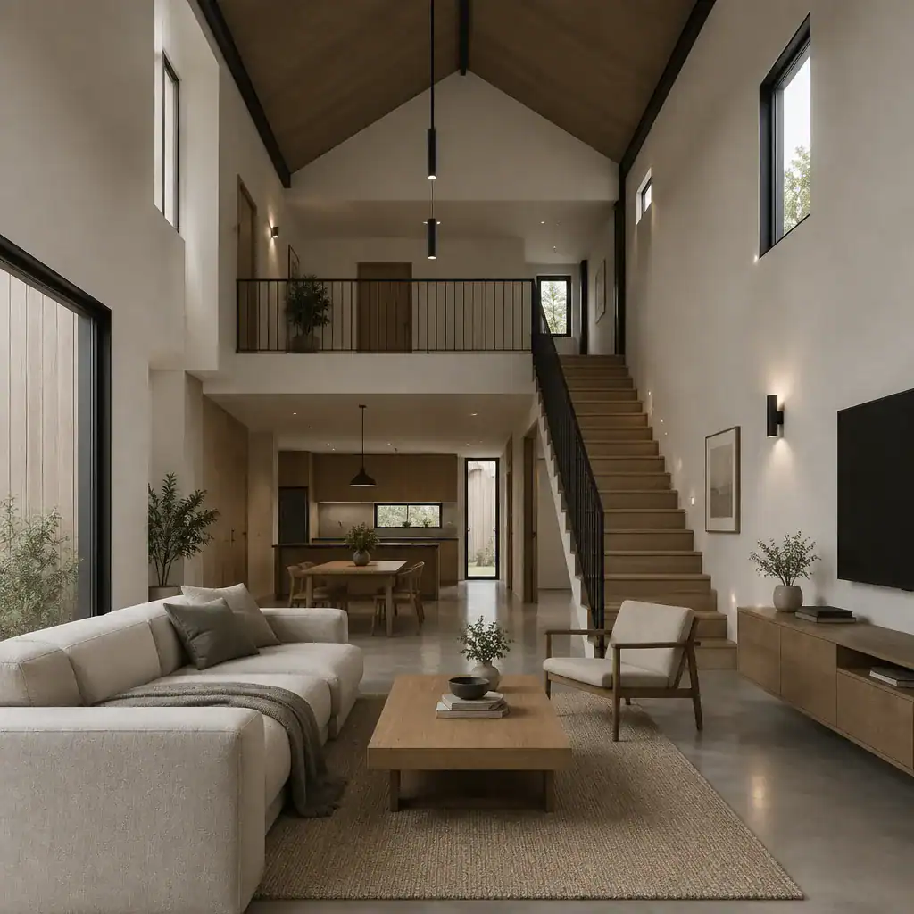 two story minimalist barn house light and stairwell
