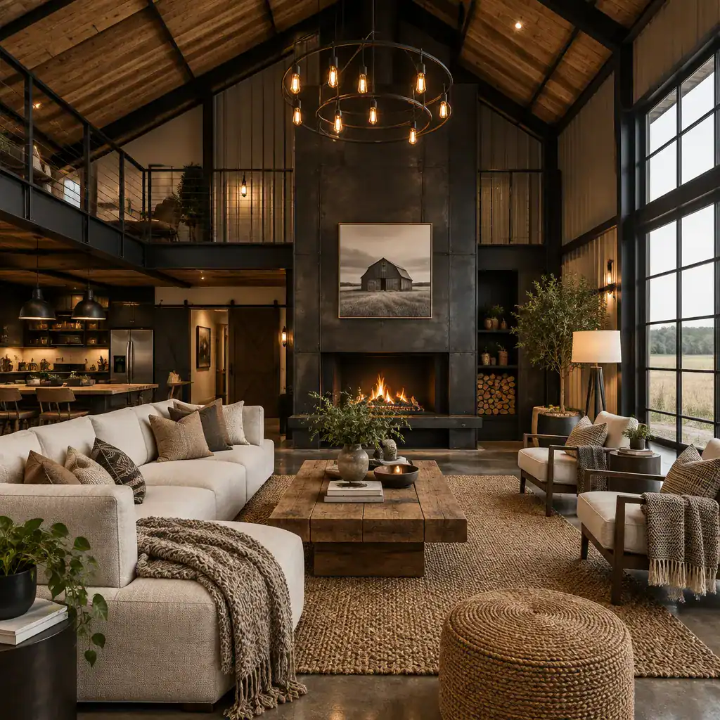 warm industrial barn house living room with metal and wood details